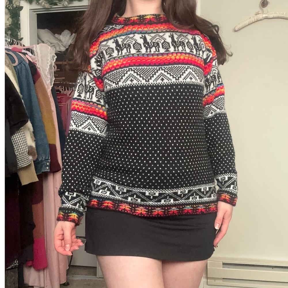 Cute Rainbow Black and White Multicolor Peruvian Alpaca Wool Sweater